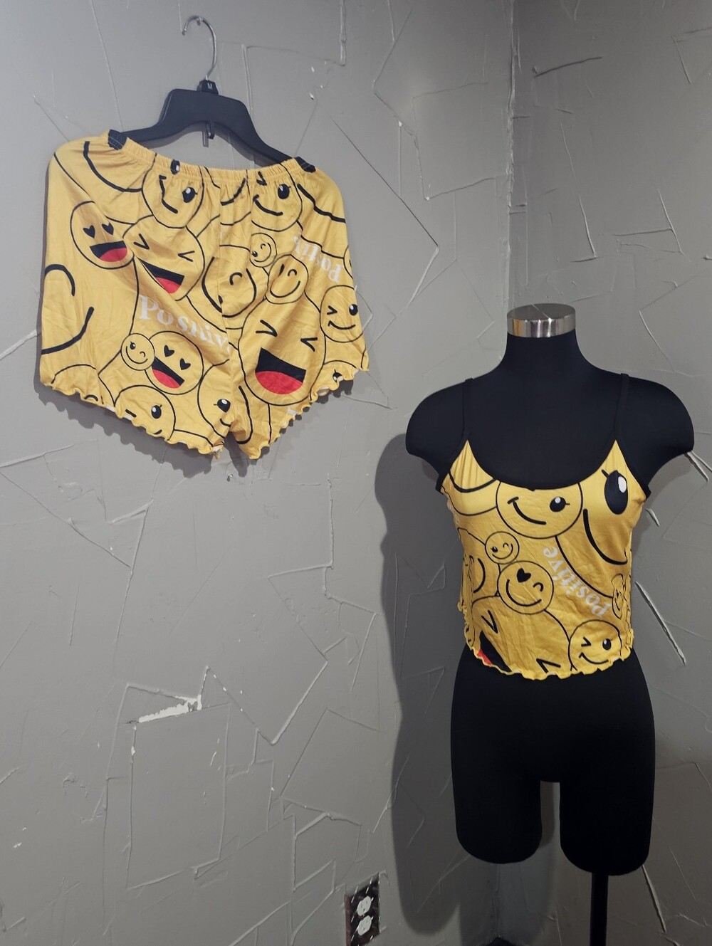 Yellow Emoji Print Tank Top & Shorts Set